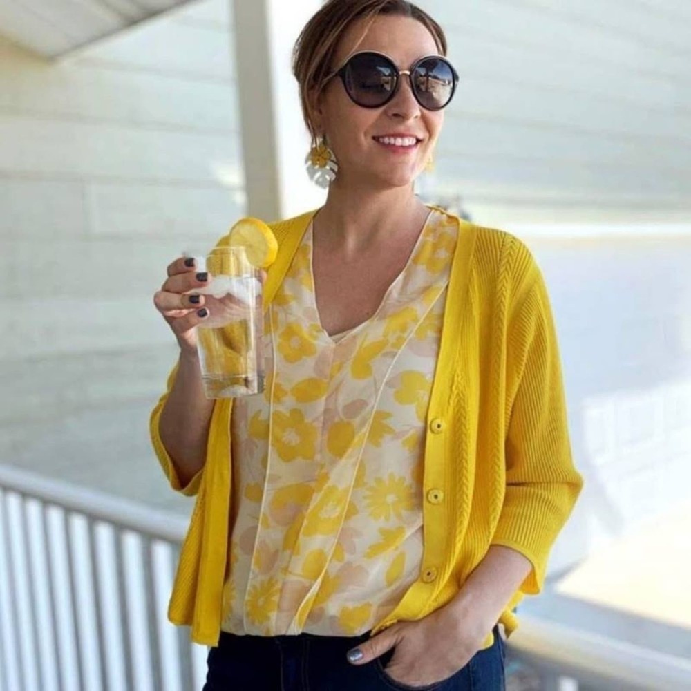 Cabi #5637 Sunny Sweater Yellow Button Snap Front Ribbed Cardigan Crop Womens